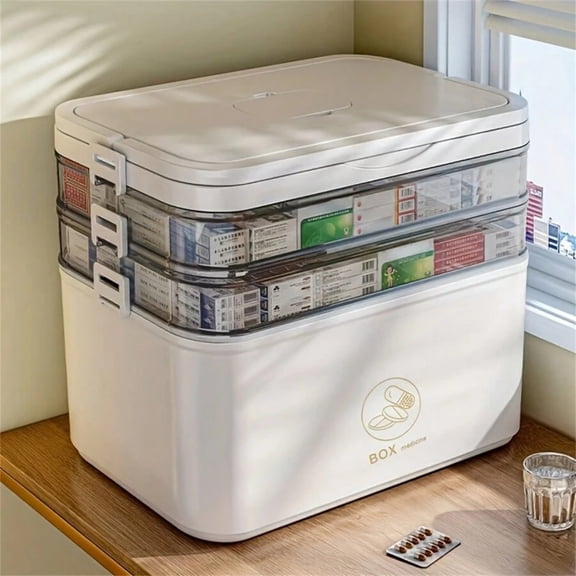3-Layer Waterproof Medicine Storage Box - Durable Plastic, Multi-Compartment with Snap/Flip-Top Closure, Portable Family Emergency Organizer for Home & Travel