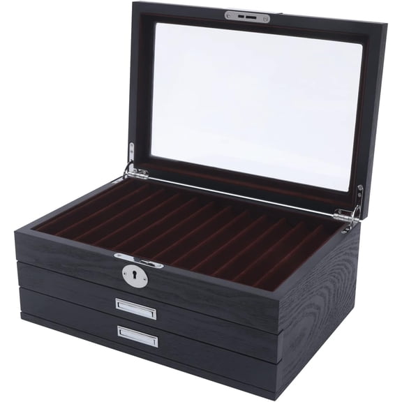 3 Layer Wood Pen Display Box, 34 Slot Fountain Pen Organizer Box with Key & Clear Window Luxury Pen Collection Case for Shop, Home, Father's Day