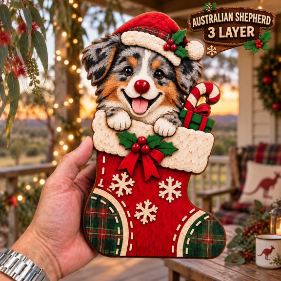 3 Layer Wooden Block Australian Shepherd Christmas Stocking Shelf Sitter for Dog Lovers