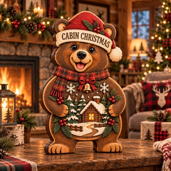 3-Layer Wooden Block Bear Cabin Christmas Tabletop Display for Rustic Holiday Gifts