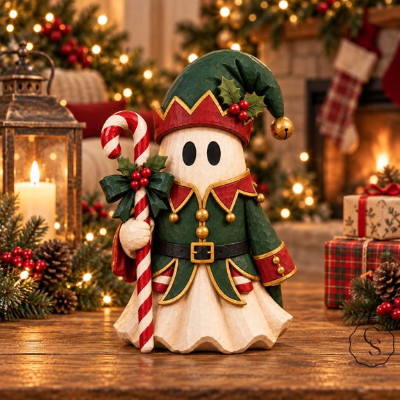 3 Layer Wooden Block Christmas Ghost Elf, Festive Tabletop Display for Holiday Collectors