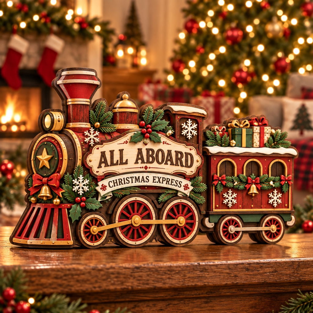3-Layer Wooden Block Christmas Train Red and Green Shelf Display for ...