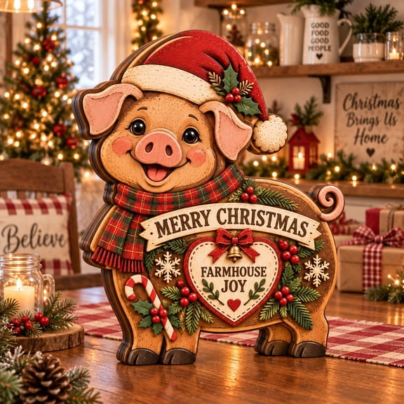 3-Layer Wooden Block Cute Pig Christmas Farmhouse Tabletop Display for Holiday Hosts