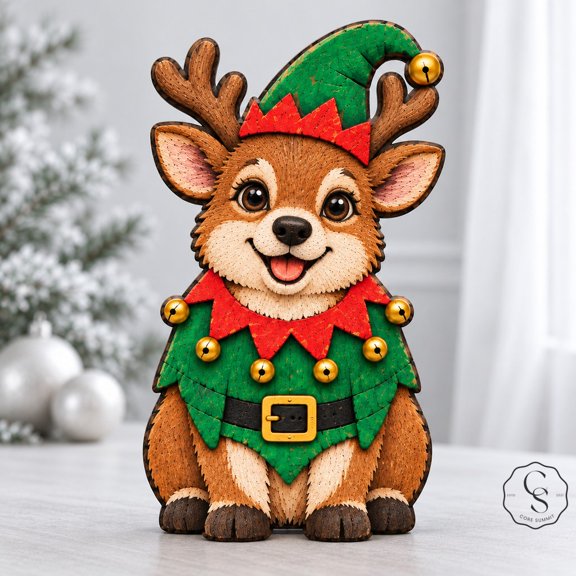 3-Layer Wooden Block Cute Reindeer Elf Carved-Effect Tabletop Display for Christmas Gifting