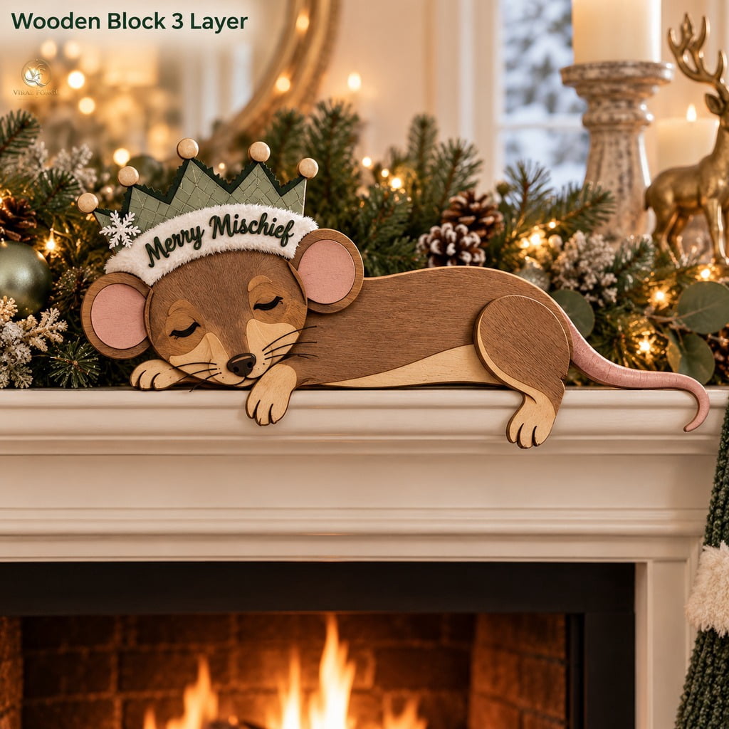 3-Layer Wooden Block Decor, Christmas Rat with Sage Crown, Mantel Shelf ...