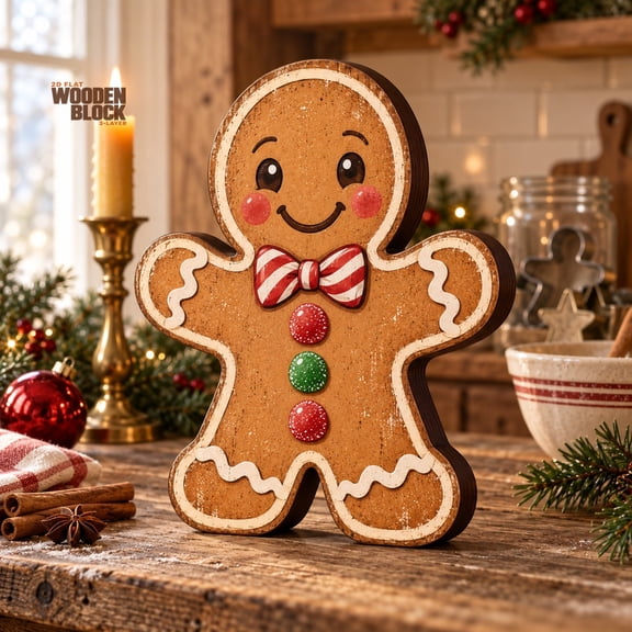 3-Layer Wooden Block Decor, Gingerbread Man with Peppermint Bow Tie, Tabletop Display for Christmas