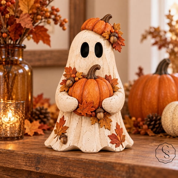 3-Layer Wooden Block, Fall Ghost Pumpkin and Acorn Shelf Sitter for Autumn Halloween