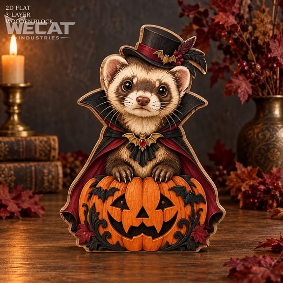 3-Layer Wooden Block Ferret Vampire Pumpkin Tabletop Decor for Halloween Lovers