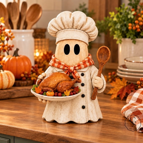 3-Layer Wooden Block Ghost Chef Halloween Tabletop Decoration for Kitchen Hosts