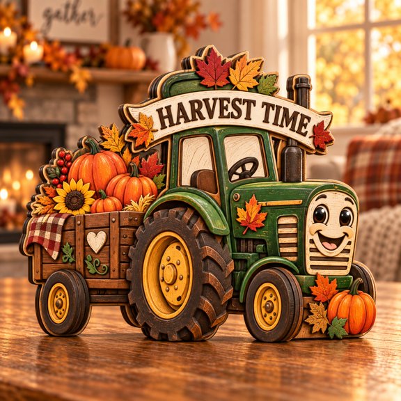 3-Layer Wooden Block Green Tractor Harvest Time Tabletop Display for Fall Farmhouse Decor
