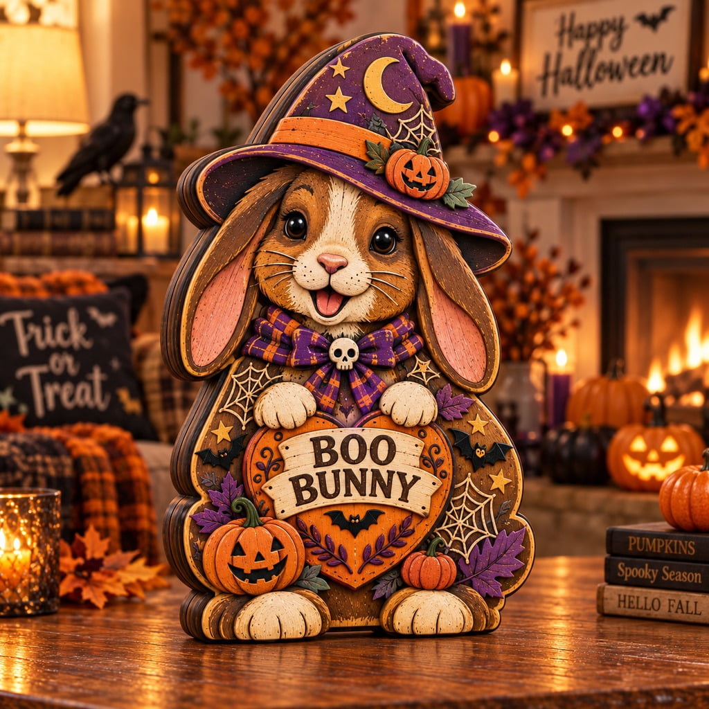 3-Layer Wooden Block Halloween Bunny Purple and Orange Tabletop Display ...