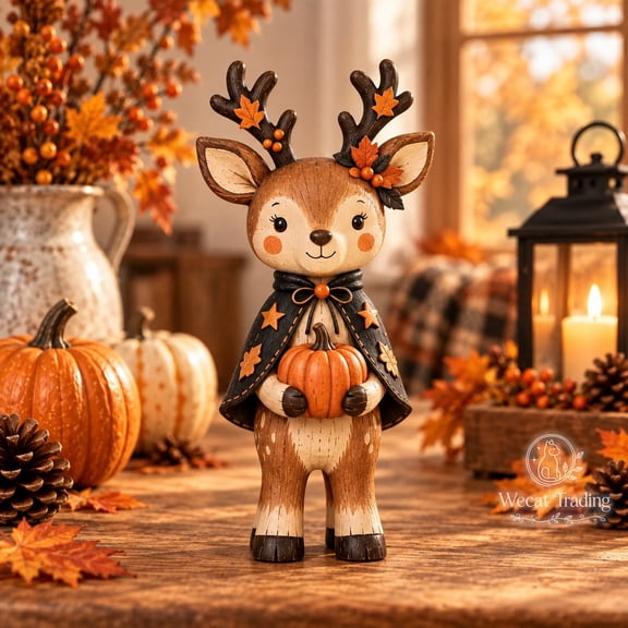 3-Layer Wooden Block Halloween Deer, Rustic Pumpkin Figurine for Tabletop Display, Fall Host Gift
