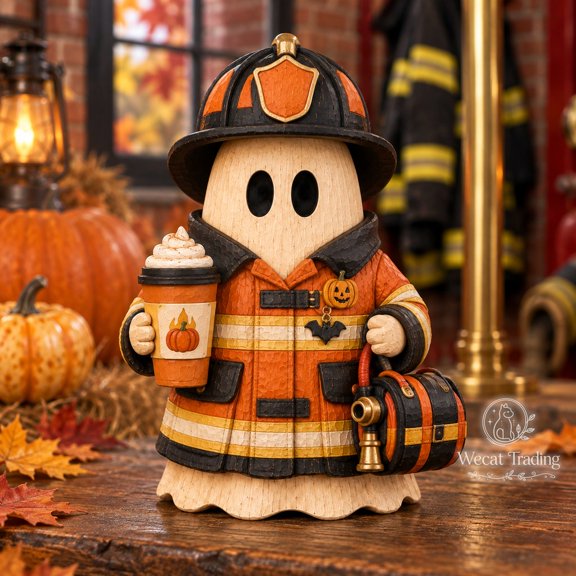 3 Layer Wooden Block Halloween Firefighter Ghost, Spooky Tabletop Display, Hero Gift