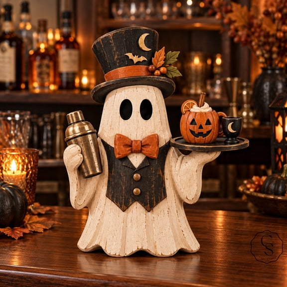 3-Layer Wooden Block Halloween Ghost Bartender, Spooky Counter Decoration for Cocktail Lovers