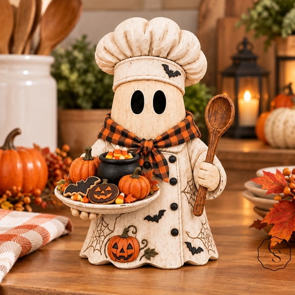 3-Layer Wooden Block Halloween Ghost Chef, Spooky Farmhouse Countertop Accent for Kitchen Hosts
