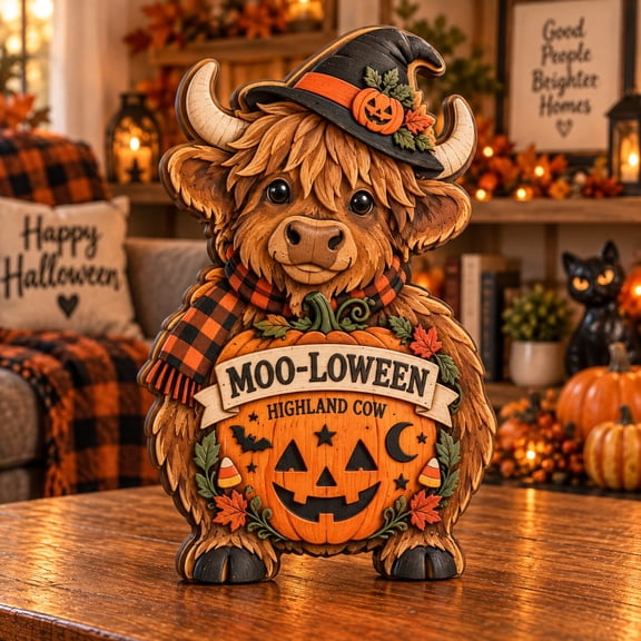 3-Layer Wooden Block Moo-loween Highland Cow Halloween Tabletop Display for Bovine Fans