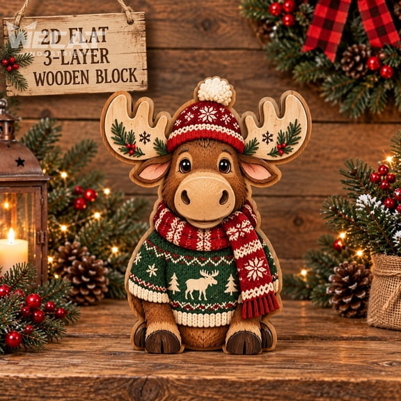 3-Layer Wooden Block Moose Christmas Sweater Tabletop Display for Winter Gifts