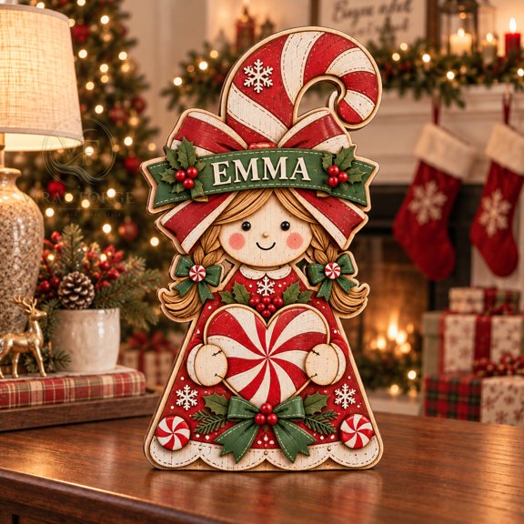 3 Layer Wooden Block, Personalized Candy Cane Character, Tabletop Christmas Display, Hostess Gift