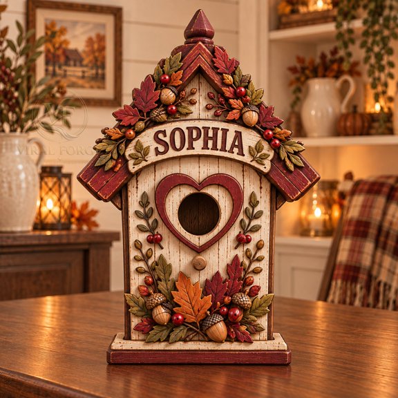 3 Layer Wooden Block, Personalized Fall Birdhouse Tabletop Accent with Leaves, Acorns and Berries, Hostess Gift