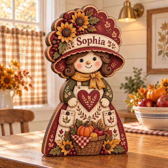 3 Layer Wooden Block Personalized Fall Market Lady, Tabletop Harvest Accent for Hostess Gift