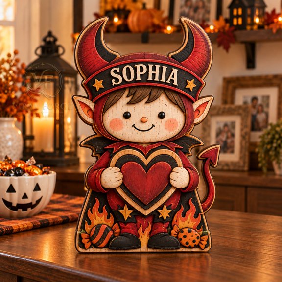 3 Layer Wooden Block Personalized Little Devil, Halloween Tabletop Accent for Party Hosts
