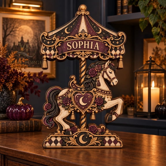 3 Layer Wooden Block Personalized Midnight Carousel Horse Tabletop Display for Halloween Gifts
