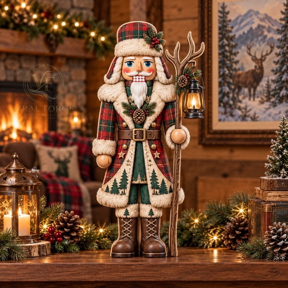 3 Layer Wooden Block Plaid Christmas Nutcracker Shelf Display for Rustic Lodge Decor