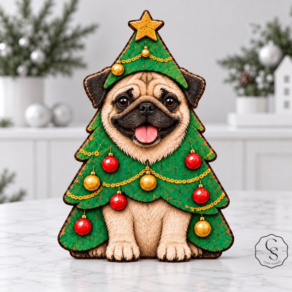 3-Layer Wooden Block Pug Christmas Tree, Tabletop Holiday Display Gift for Dog Lovers