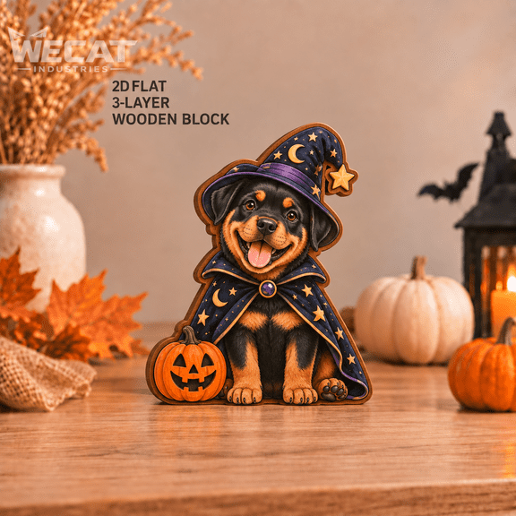 3-Layer Wooden Block Rottweiler in Wizard Cape Tabletop Halloween Decoration for Dog Lovers
