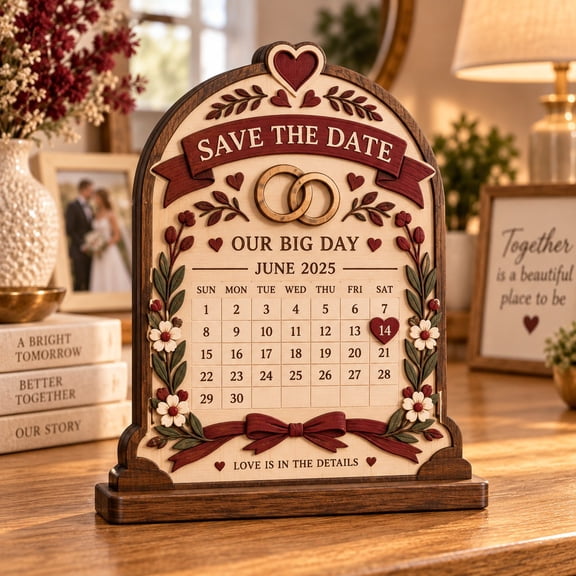 3-Layer Wooden Block Save the Date Calendar Cream and Burgundy Wedding Countdown Gift