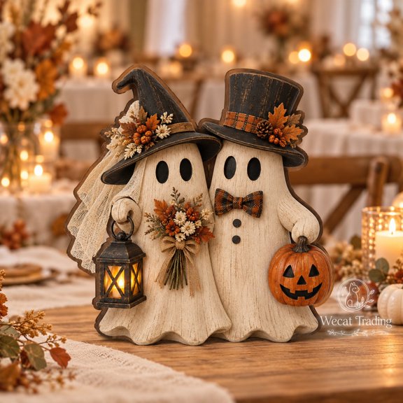 3-Layer Wooden Block Spooky Ghost Couple Halloween Wedding Table Accent for Newlyweds
