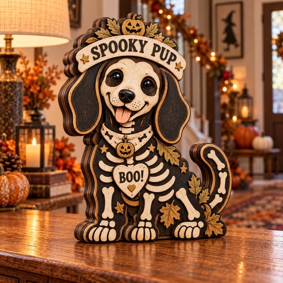 3-Layer Wooden Block Spooky Pup Skeleton Dog Black and Cream Tabletop Halloween Gift