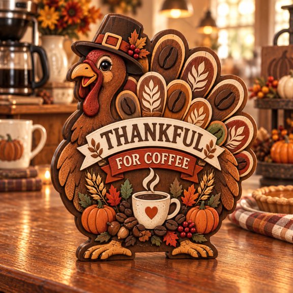 3-Layer Wooden Block Thankful for Coffee Turkey Countertop Display Thanksgiving Host Gift