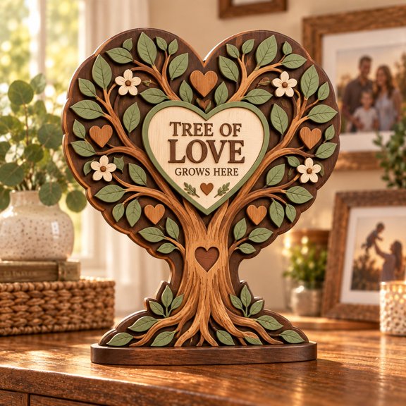 3-Layer Wooden Block Tree of Love Sage and Brown Tabletop Display for Couples