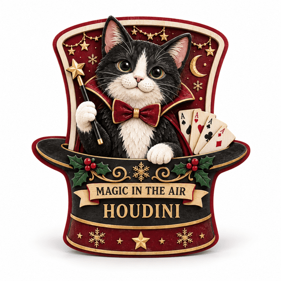 3-Layer Wooden Block Tuxedo Cat Magician Tabletop Display for Feline Lovers