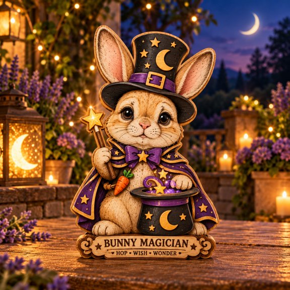 3-Layer Wooden Decor Bunny Magician Tabletop Display for Easter