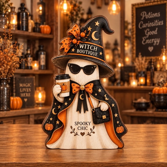 3-Layer Wooden Ghost Stand, Witch Boutique Tabletop Accent for Spooky Season Hosts