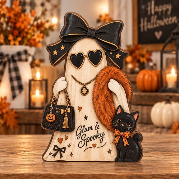 3 Layer Wooden Halloween Ghost Glam Black Cat Shelf Sitter for Spooky Season Gifts
