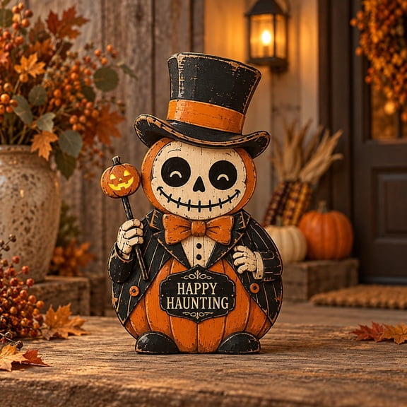 3 Layer Wooden Halloween Skeleton Pumpkin Gentleman Stand for Mantel Display, Host Gift