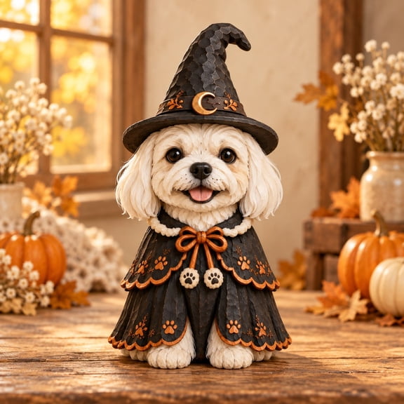 3 Layer Wooden Maltese Witch Figurine, Halloween Tabletop Display for Canine Lovers