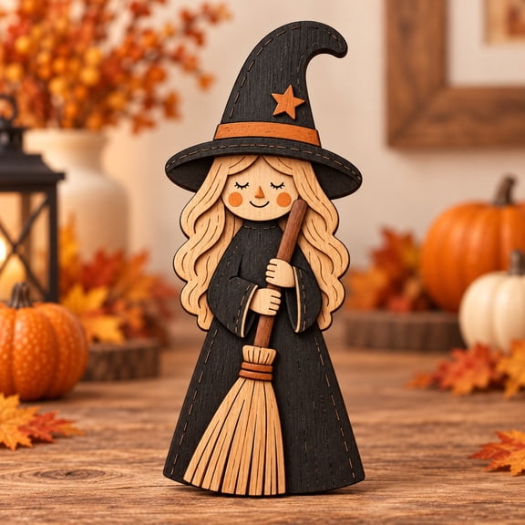 3-Layer Wooden Plaque Cozy Broom Witch Black and Orange Tabletop Accent for Halloween