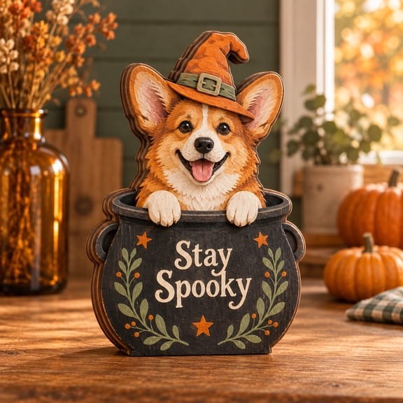 3-Layer Wooden Plaque, Halloween Cauldron Corgi Tabletop Accent for Dog Lovers
