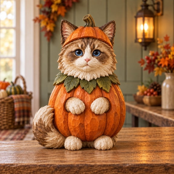 3 Layer Wooden Plaque, Halloween Maine Coon Pumpkin Costume Tabletop Display for Cat Lovers