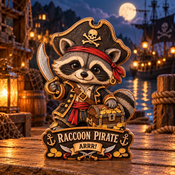 3-Layer Wooden Raccoon Pirate Tabletop Display for Swashbuckling Fans