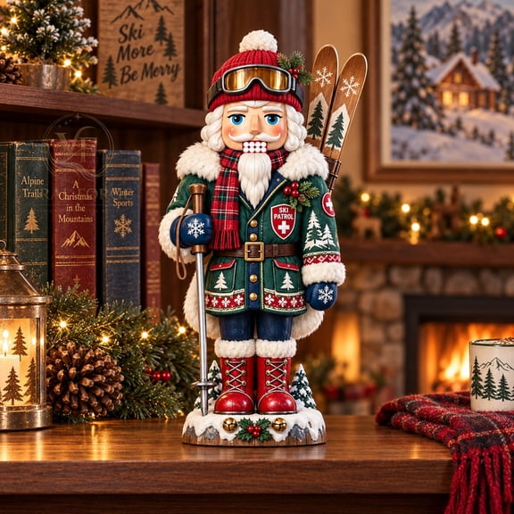 3 Layer Wooden Ski Patrol Nutcracker Christmas Tabletop Display for Winter Sports Lovers