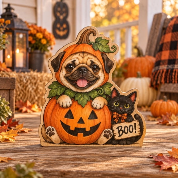 3-Layer Wooden Stand, Halloween Pug Pumpkin and Black Cat Tabletop Display for Pet Lovers
