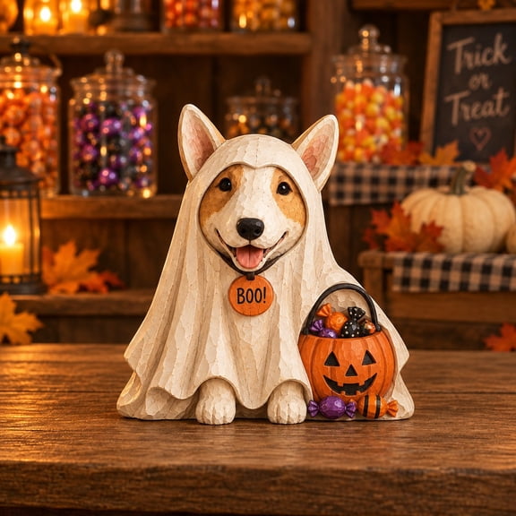 3-Layer Wooden Tabletop Stand Halloween Corgi Ghost Candy Bucket for Dog Lovers