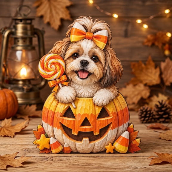 3 Layered Halloween Wooden Block Shih Tzu Pumpkin, Spooky Mantel Shelf Sitter and Tabletop Decoration