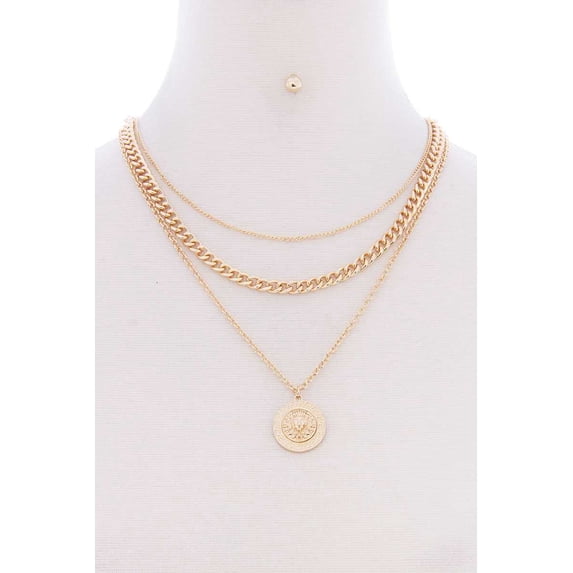 3 Layered Lion Pendant Metal Multi Necklace Earring Set Gold