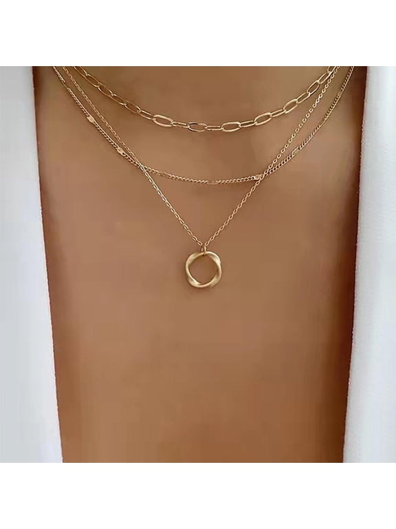 3 Layered Twisted Circle Pendant Necklace Chunky Paperclip Chain Dainty Beaded Choker for Women